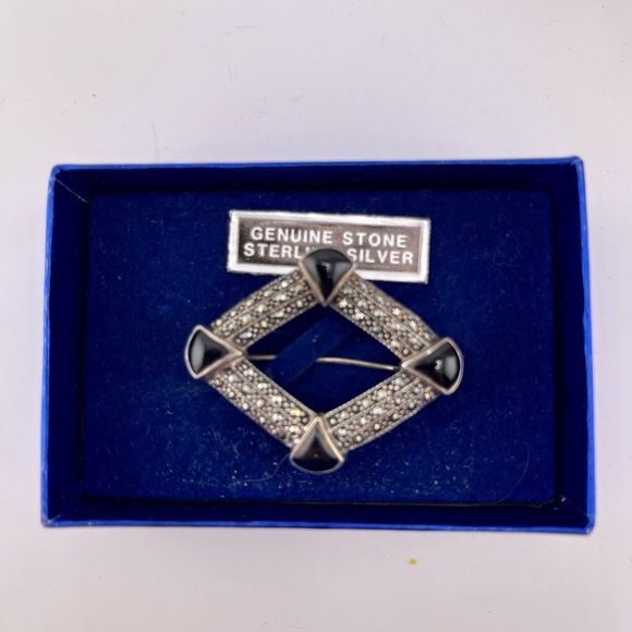 Sterling Silver SU 925 Genuine Onyx Marcasite Brooch Geometric Art Deco Revival - Picture 3 of 6
